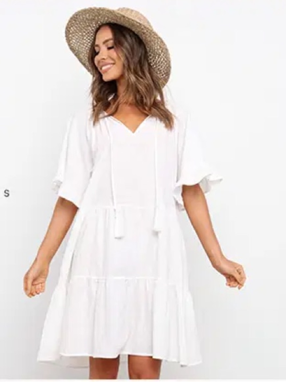 Petal & Pup Fynn Mini Tassels Tiered V Neck Dress in White Pockets Size S/M